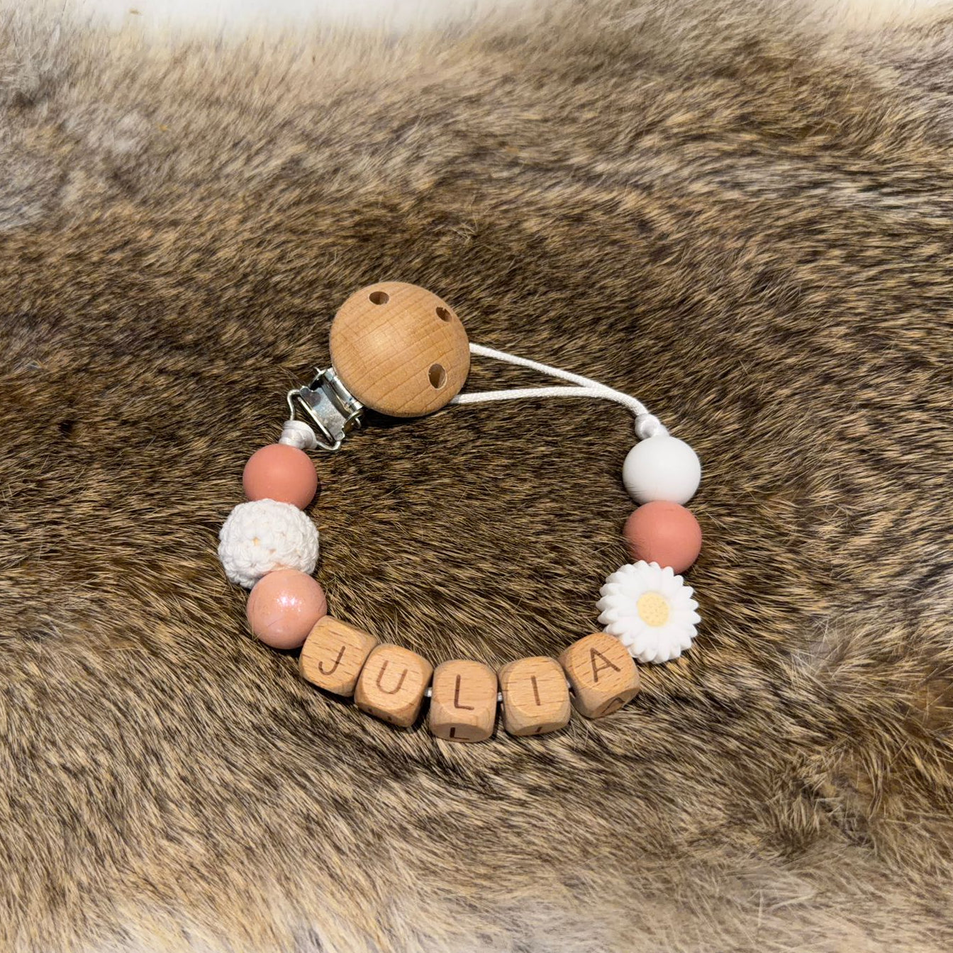 Gepersonaliseerd speenkoord meisje roze wit glitter naturel hout kraamcadeau baby